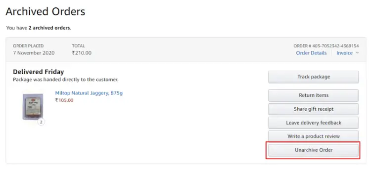 unarchive Amazon orders