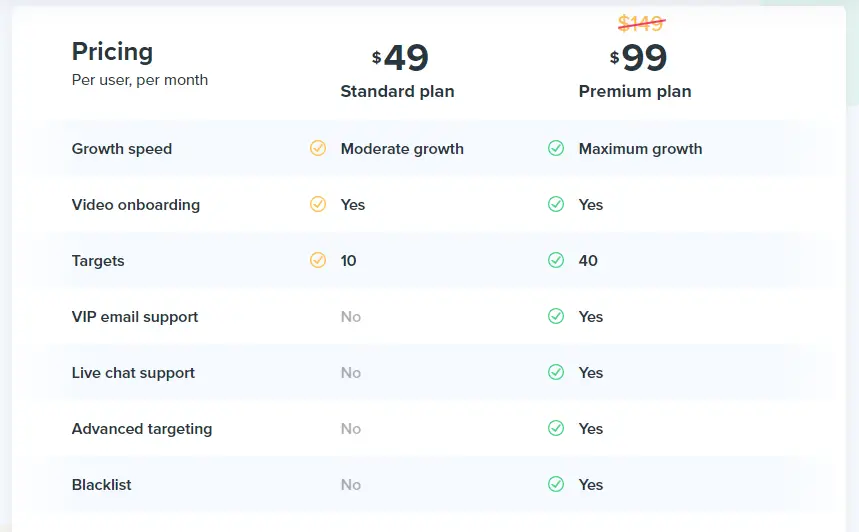 Kickstagrams pricing page