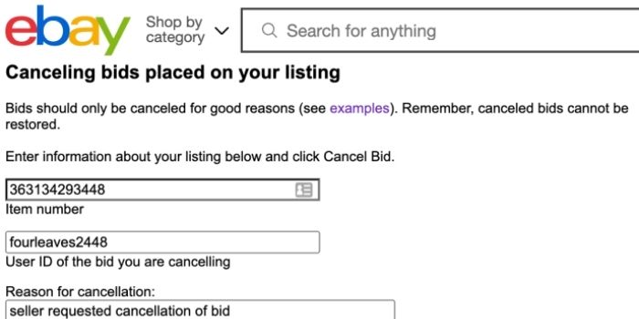 cancelling bids placed on your listing