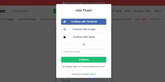 Sign up for Fiverr