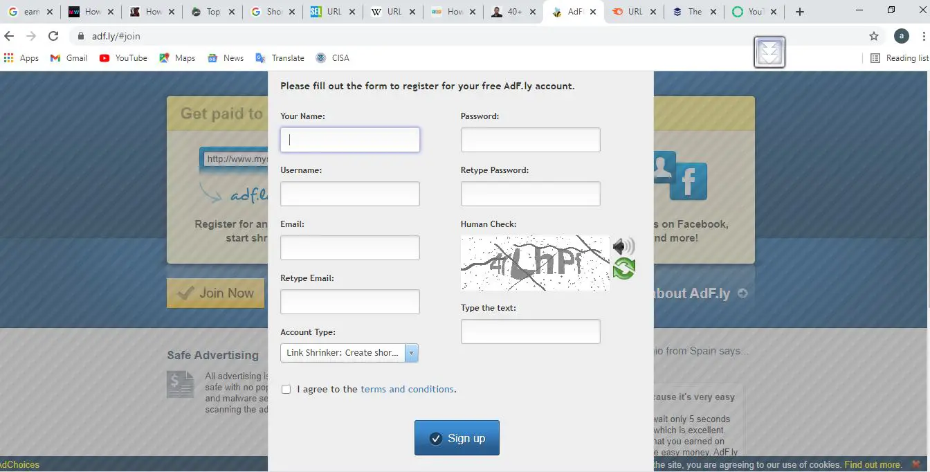 sign-up page of Adfly Link Shortener