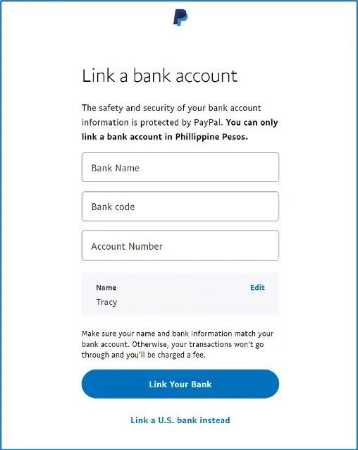link bank details to PayPal account 