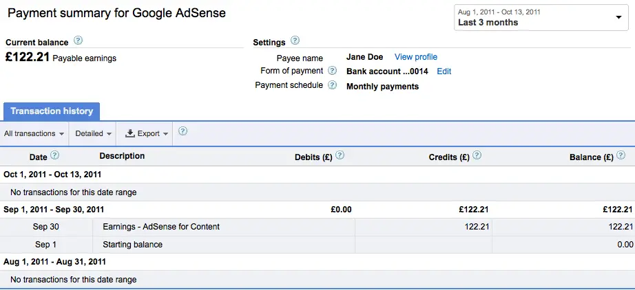 Google AdSense payment summary