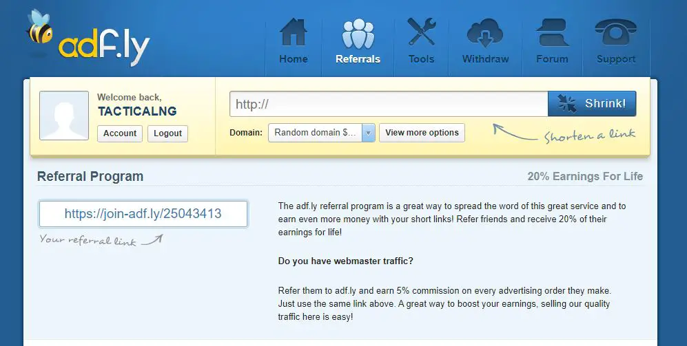 Referral program of adfly Link Shortener